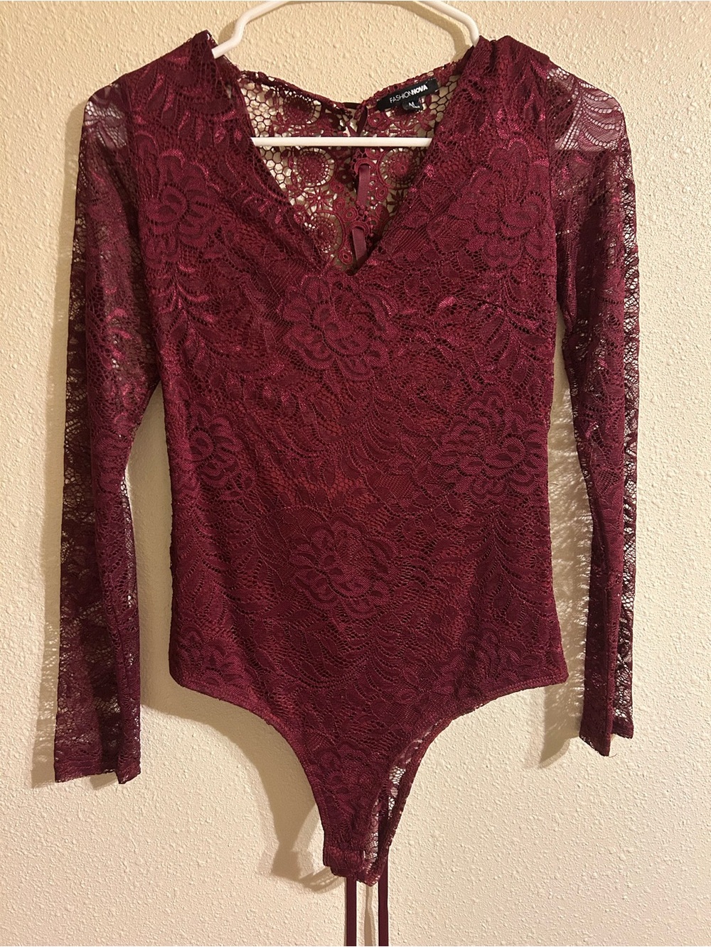 Fashion Nova Burgundy Sheer Lace Long Sleeve Lace Up Ribbon Back Bodysuit Medium